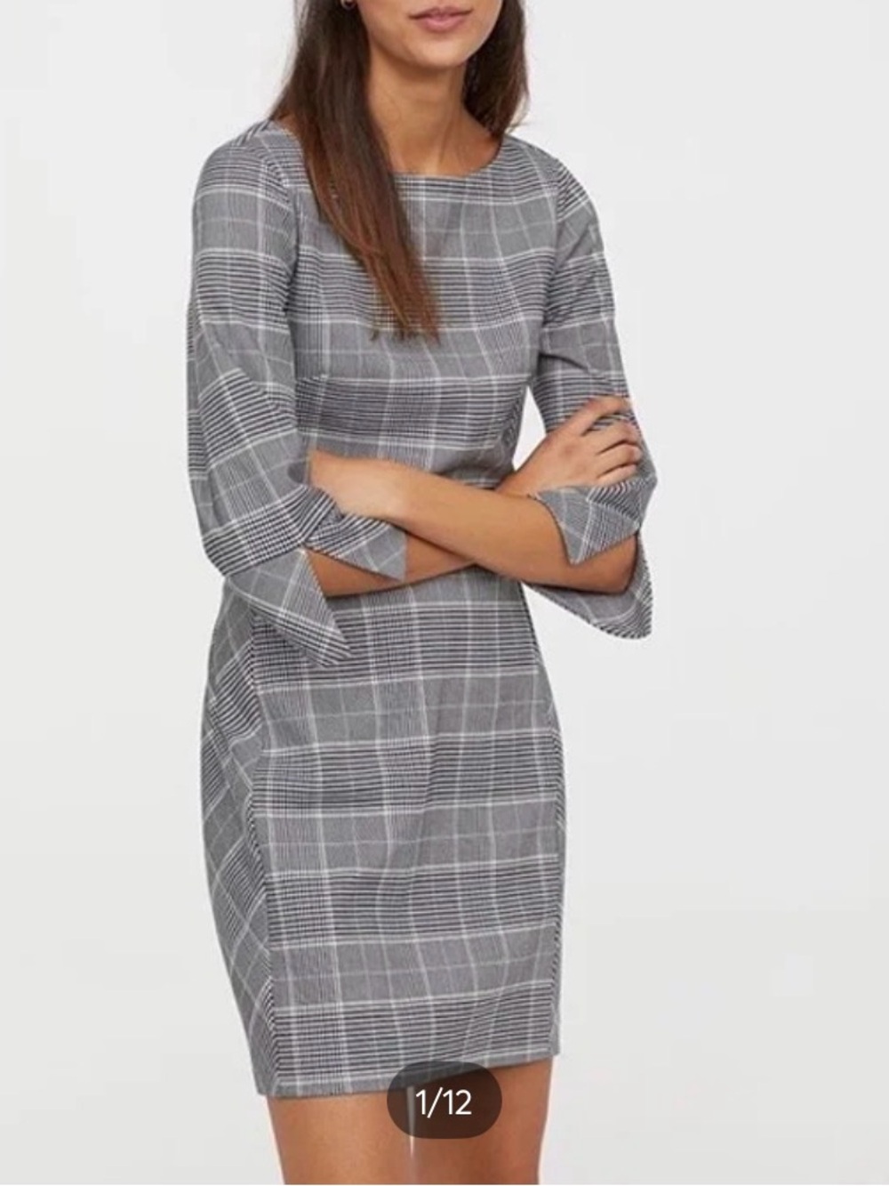 H&M Plaid Sheath Dress Black Grey Print Mini Dress 3/4th Sz 4
